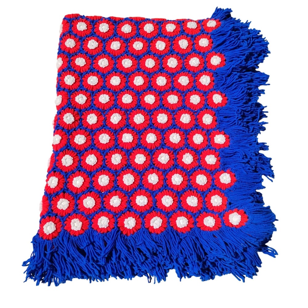 Vintage Daisy Granny Square Crochet Blanket Throw Red Blue Fringe Afghan 66x48